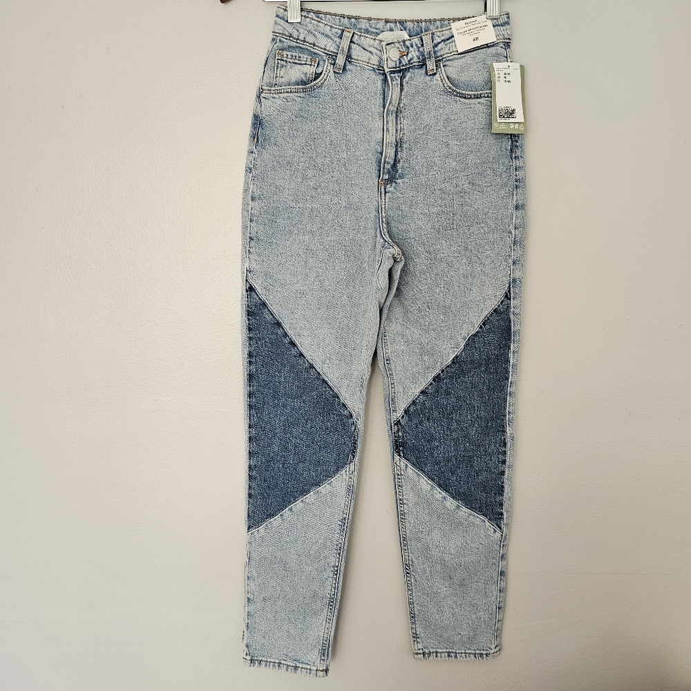 NWT H&M high waist relaxed fit patchwork jeans adjustable waist youth size 18